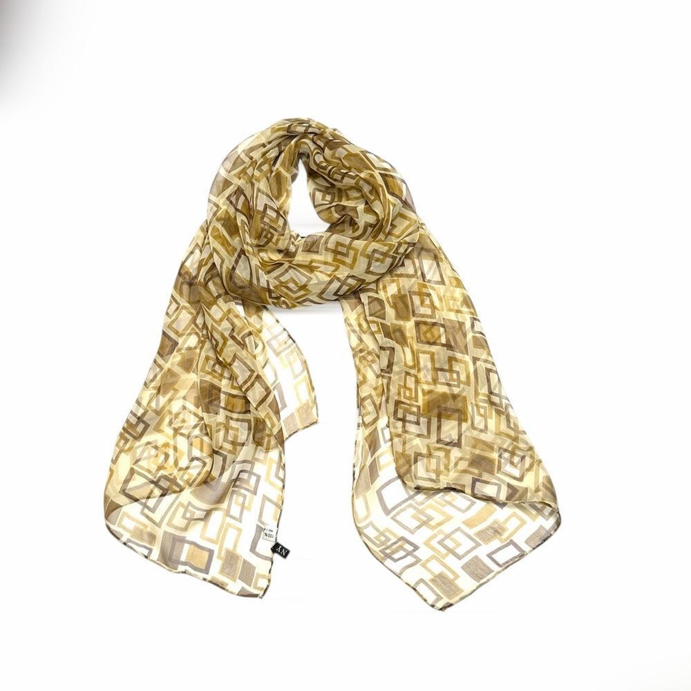 J&X NY Silk Chiffon Oblong Scarf Tan Beige Sheer Geometric Print Hand Rolled
